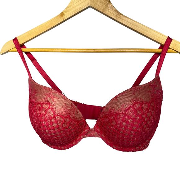 Victoria’s Secret Very Sexy Push-Up Bra 34DD Red Lace Mesh Underwire Adjustable - Picture 1 of 7